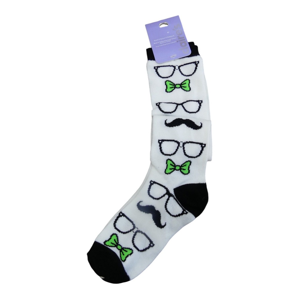 Claire's Knee High Socks Womens 9-11 White New Mustache Glasses Bow Tie Novelty